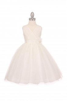 Ivory Sleeveless Tulle V-Neck Flower Girl Dress